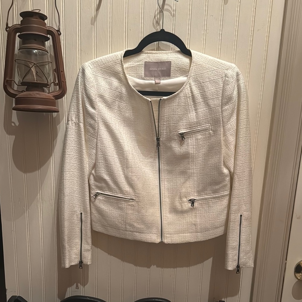 Banana Republic White Cropped Blazer Tweed Fabric